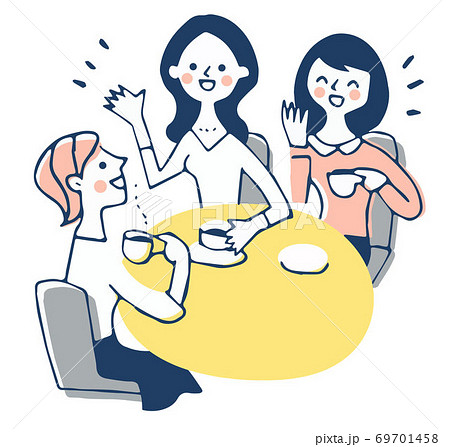 カフェでおしゃべりをする3人の女性のイラスト素材