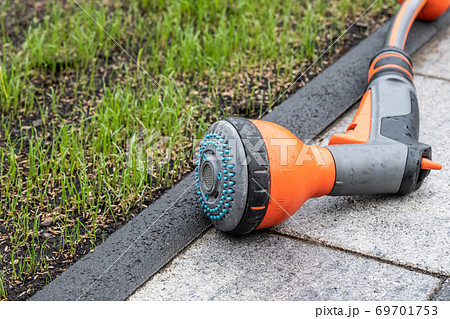 Hand garden hose with water sprayer watering Fresh green spring gras closeup Lawn grass Hand garden hose with water sprayer watering Fresh green spring gras closeup Lawn grass 69701753