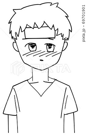 発熱しておでこに冷湿布を貼る看護師　　【線画】 69701901