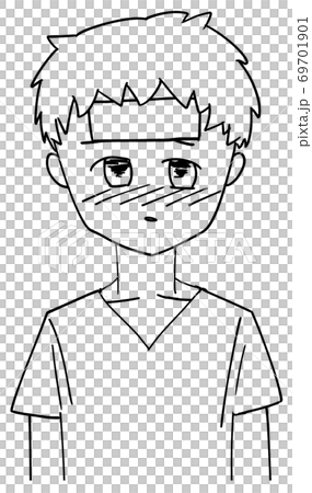 発熱しておでこに冷湿布を貼る看護師　　【線画】 69701901