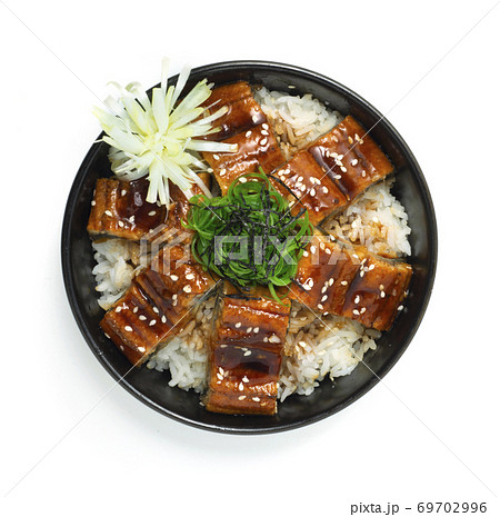 Unagi Don Grilled Eel Rice Bowl decorate Seaweed pickled ginger carved vegetable Japanese Food 69702996