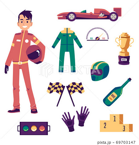 Set car racing icons or symbols with driver flat vector illustration isolated. Set car racing icons or symbols with driver flat vector illustration isolated. 69703147