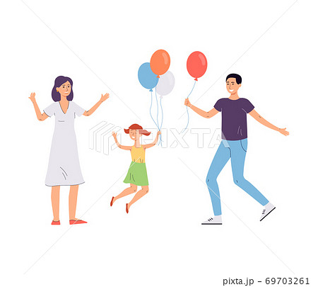 Happy cartoon family with balloons jumping from happiness. 69703261