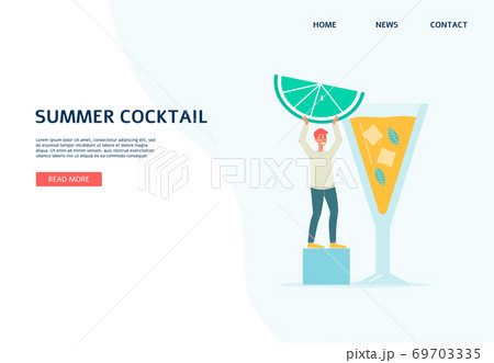 Summer cocktail and beverage web banner with tiny man, flat vector illustration. 69703335
