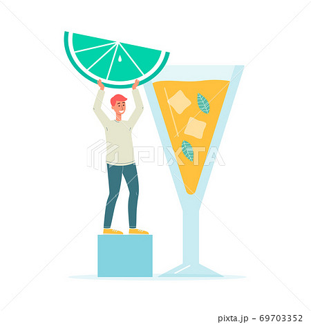 Tiny man making refreshing summer cocktail flat vector illustration isolated. 69703352