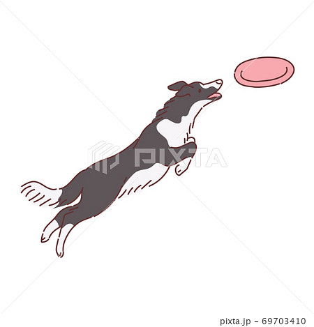 Dog Cartoon Character Jumps After Frisbee Disk のイラスト素材