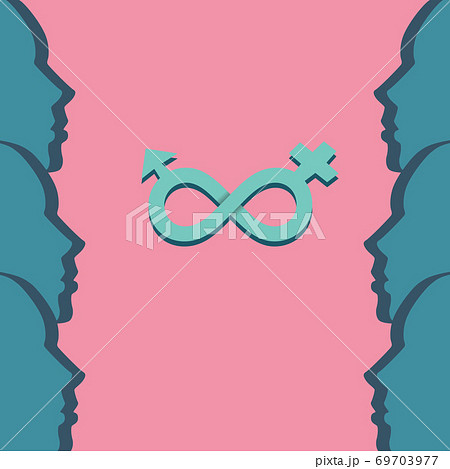 Same sex relationship concept with intertwined male and female symbol in turquoise colors on red background 69703977