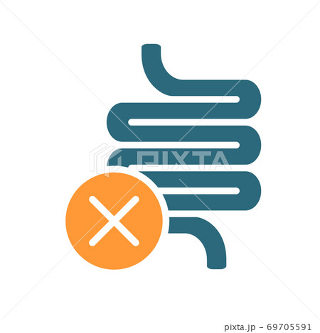 Intestine with cross checkmark colored icon. Diseased internal organ symbol 69705591