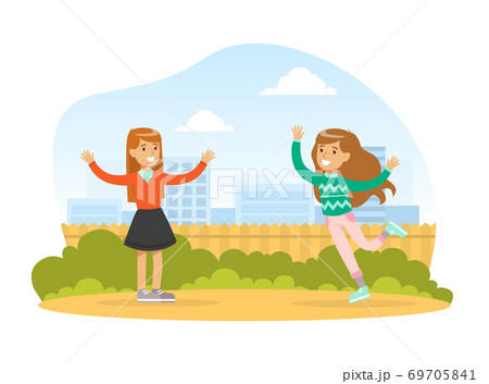 Meet of Two Girls, Cute Teenage Friends Walking Outdoors Cartoon Vector Illustration 69705841
