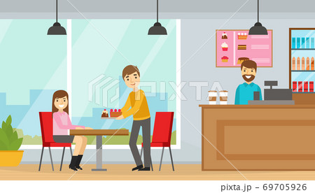Young Man and Woman Eating Desserts at Table in Cafe, Cafeteria Interior Cartoon Vector Illustration 69705926