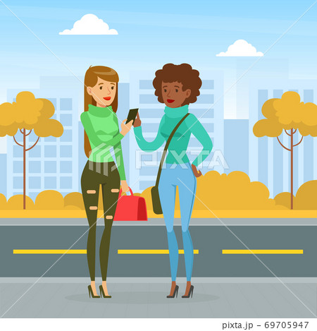 Meeting of Two Friends, Two Girls Walking and... - Stock Illustration  [69705947] - PIXTA
