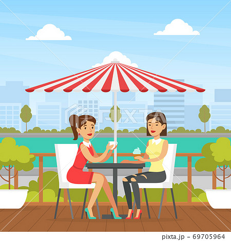 Two Young Women Sitting in Cafe Outdoors, Two Female Friends Drinking Coffee and Chatting, Best Friends Forever Concept Cartoon Vector Illustration Two Young Women Sitting in Cafe Outdoors, Two Female Friends Drinking Coffee and Chatting, Best Friends Forever Concept Cartoon Vector Illustration 69705964