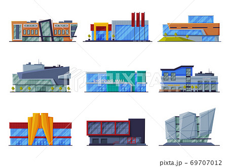 Modern Retail Store Buildings Collection, Shopping Center or Supermarket Facades, Urban Architecture Design Elements Flat Vector Illustration Modern Retail Store Buildings Collection, Shopping Center or Supermarket Facades, Urban Architecture Design Elements Flat Vector Illustration 69707012