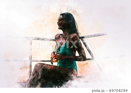 Asia woman sexy and smile portrait on beach and soft sunrise on face on watercolor illustration painting background. 69708294