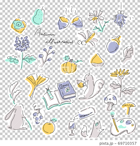 オシャレな手描きの秋素材セット　線画　色数少なめ 69710357