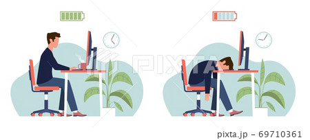 Burnout. Professional burnout syndrome, tired man manager with full and low battery working on computer in workplace, frustrated depressed office worker vector flat cartoon concept Burnout. Professional burnout syndrome, tired man manager with full and low battery working on computer in workplace, frustrated depressed office worker vector flat cartoon concept 69710361