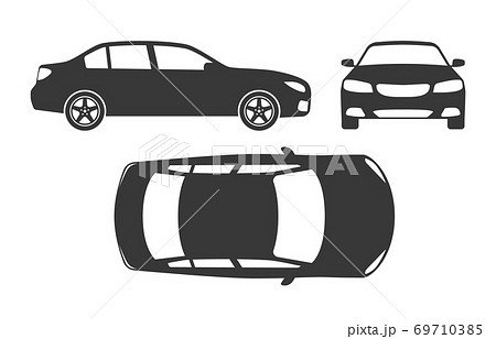 Car silhouette. Automobile top, side and front view. Vehicle projection mockup, regular sedan auto for family, race or different services, vector black icons isolated set Car silhouette. Automobile top, side and front view. Vehicle projection mockup, regular sedan auto for family, race or different services, vector black icons isolated set 69710385