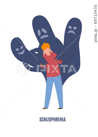 Schizophrenia mental disorder. Crying man in panic with ghosts, emotional pressure and psychological anxiety negative emotions before psychotherapy concept flat vector illustration 69710430