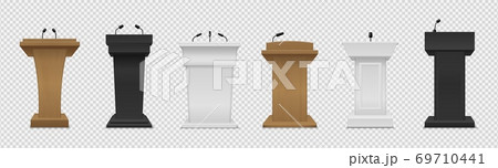Tribune set. Realistic different color podium with microphones front view, pedestal for lecture, award ceremony, interview and political debate, 3d empty platform vector isolated set Tribune set. Realistic different color podium with microphones front view, pedestal for lecture, award ceremony, interview and political debate, 3d empty platform vector isolated set 69710441