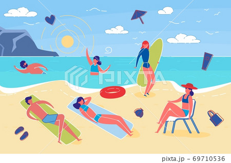 Summer Vacation and Beach Activity Flat Vector . Summer Vacation and Beach Activity Flat Vector . 69710536