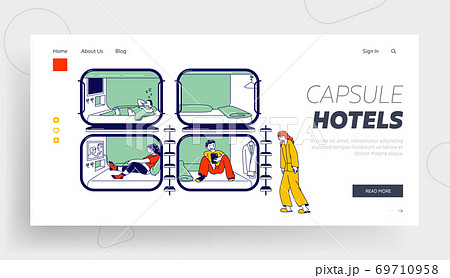 Characters Having Rest in Capsule Hotel Landing Page Template. People Sleeping, Relax in Compact Room with Television 69710958