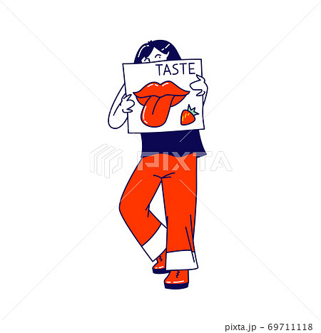 Happy Girl Child Holding Card with Sticking Tongue Isolated on White Background. Taste One of Five Human Perceptions 69711118