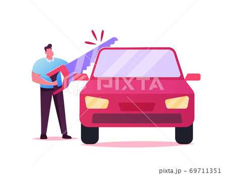 Male Character Sawing Automobile with Huge Saw. Concept of Property Division in Divorce Process. Husband Separate Car 69711351