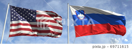 Flying flags of the USA and Slovenia on sky background, 3d rendering 69711615