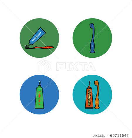 Colorful Toothbrush and Toothpaste icon set. Button Style Vector EPS. 69711642