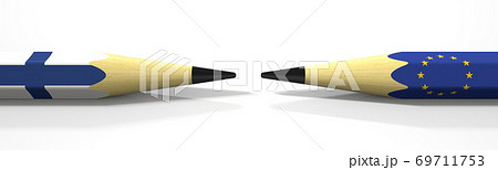 Pencils with flags of Finland and the European Union. Political conflict concept. 3d rendering Pencils with flags of Finland and the European Union. Political conflict concept. 3d rendering 69711753