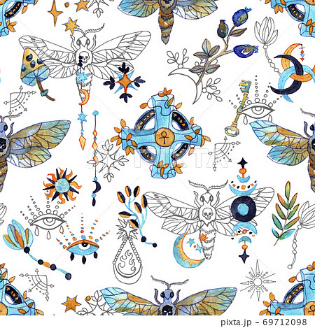 Seamless pattern with moth, plants and mysterions, magic signs on white. Mystic background with Halloween, esoteric and gothic symbols and hand drawn design elements. Seamless pattern with moth, plants and mysterions, magic signs on white. Mystic background with Halloween, esoteric and gothic symbols and hand drawn design elements. 69712098