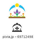 Environmental illustration concept, symbol of nature, with stylized flower, sky and sun on a green grass, with human symbol with raised hands. Organic pure product vector graphics. 69712498