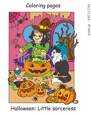 Colorful Halloween cute little witch cooks in cauldron Colorful Halloween cute little witch cooks in cauldron 69712746