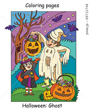 Colorful Halloween cute little witch and ghost Colorful Halloween cute little witch and ghost 69712748