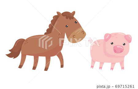 Horse with Mane and Pig as Farm Animal Vector Set 69715261