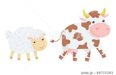 Sheep and Cow with Horns as Farm Animals Vector Set 69715263