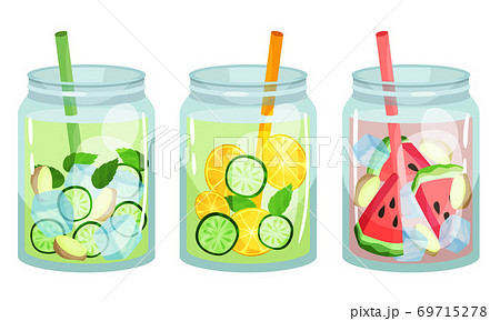 Glass Jars with Refreshing Fruit Water and Straw Vector Set 69715278