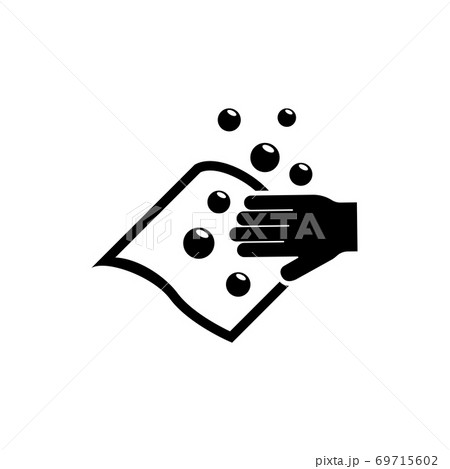 Hand Wiping with Cloth, Wet Wipe and bubble. Flat Vector Icon illustration. Simple black symbol on white background. Hand Wiping with Cloth Wet Wipe sign design template for web and mobile UI element. 69715602