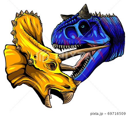 T Rex Versus Triceratops illustration with a tyrannosaurs rex attacking a triceratops dinosaur 69716509