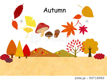 可愛いタッチの秋の山と紅葉のイラスト素材