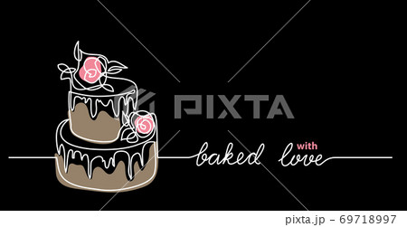 Cakes to order dark web banner. Wedding or birthday cake minimalist vector illustration. One continuous line drawing with text Baked with love 69718997
