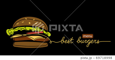 Best burgers menu vector web banner, poster on black background. Modern line art design with lettering Best burgers and doodle illustration 69718998