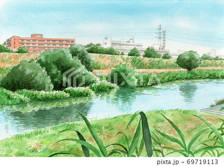 水彩で描いた川と土手の風景のイラスト素材