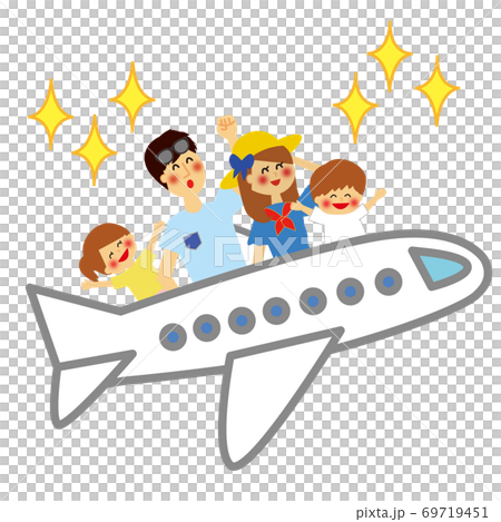 家族で飛行機に乗って旅行 右向きのイラスト素材