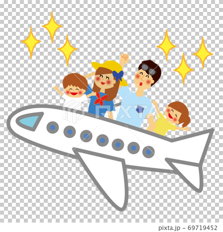 家族で飛行機に乗って旅行のイラスト素材