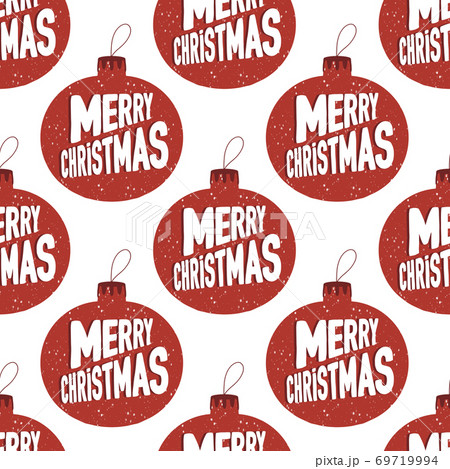Seamless pattern made from hand drawn Christmas tree balls with snowing effect and Merry Christmas lettering inside. Isolated on a white background. 69719994