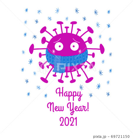 Happy New Year 2021. Cartoon coronavirus bacteria in blue scarf with snowflakes. Isolated on a white background. Vector stock illustration. Happy New Year 2021. Cartoon coronavirus bacteria in blue scarf with snowflakes. Isolated on a white background. Vector stock illustration. 69721150