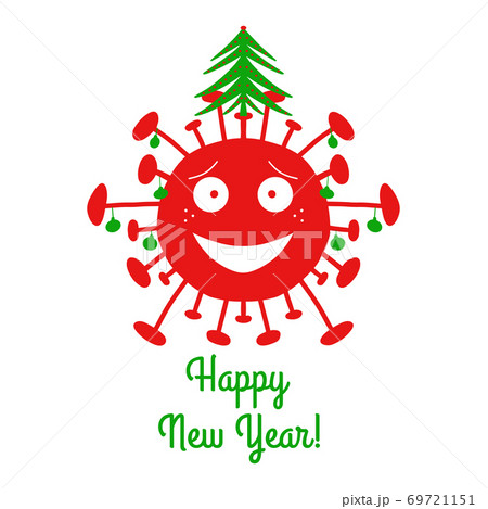 Happy New Year. Red cartoon coronavirus bacteria with green christmas balls and fir tree on the top. Isolated on a white background. Vector stock illustration. Happy New Year. Red cartoon coronavirus bacteria with green christmas balls and fir tree on the top. Isolated on a white background. Vector stock illustration. 69721151