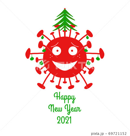 Happy New Year 2021. Red cartoon coronavirus bacteria with green christmas balls and fir tree on the top. Isolated on a white background. Vector stock illustration. 69721152