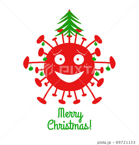 Merry Christmas. Red cartoon coronavirus bacteria with green christmas balls and fir tree on the top. Isolated on a white background. Vector stock illustration. 69721153